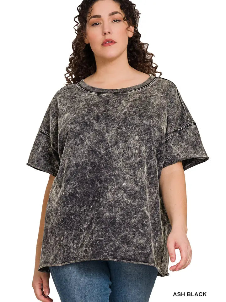 Zenana Plus Acid Wash French Terry Drop Shoulder Raw Edge Top