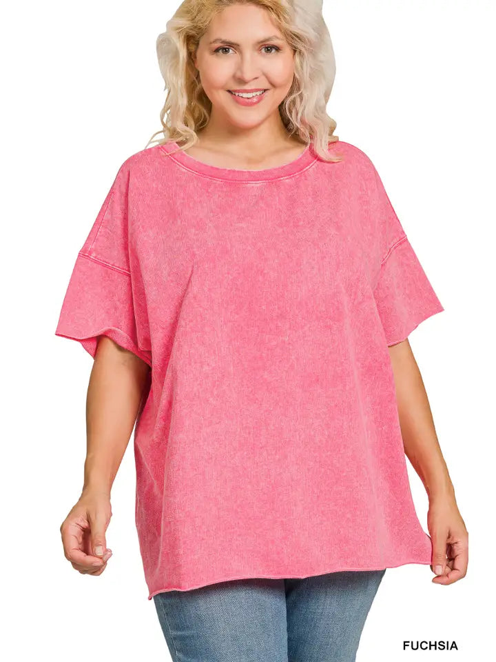 Zenana Plus Acid Wash French Terry Drop Shoulder Raw Edge Top
