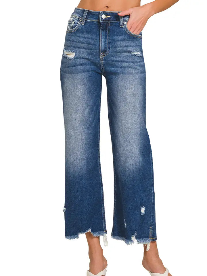 0827 Distressed Knee Raw Hem Denim Pants SI-27861