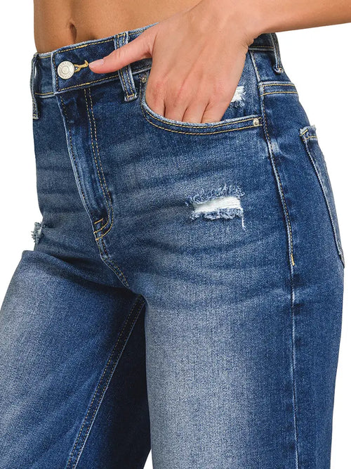 0827 Distressed Knee Raw Hem Denim Pants SI-27861