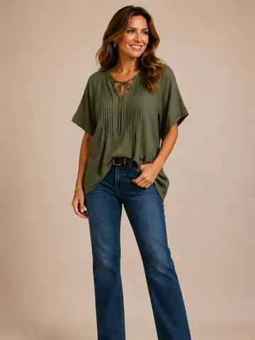 Air Flow Pintuck Tie Front Blouse