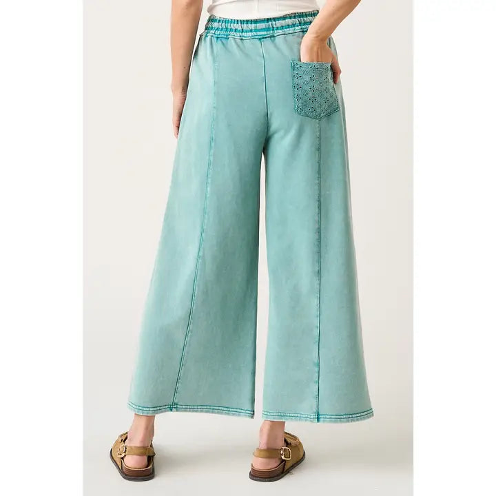 Eyelet Lace Pocket Mineral Wash Wide Leg Pants