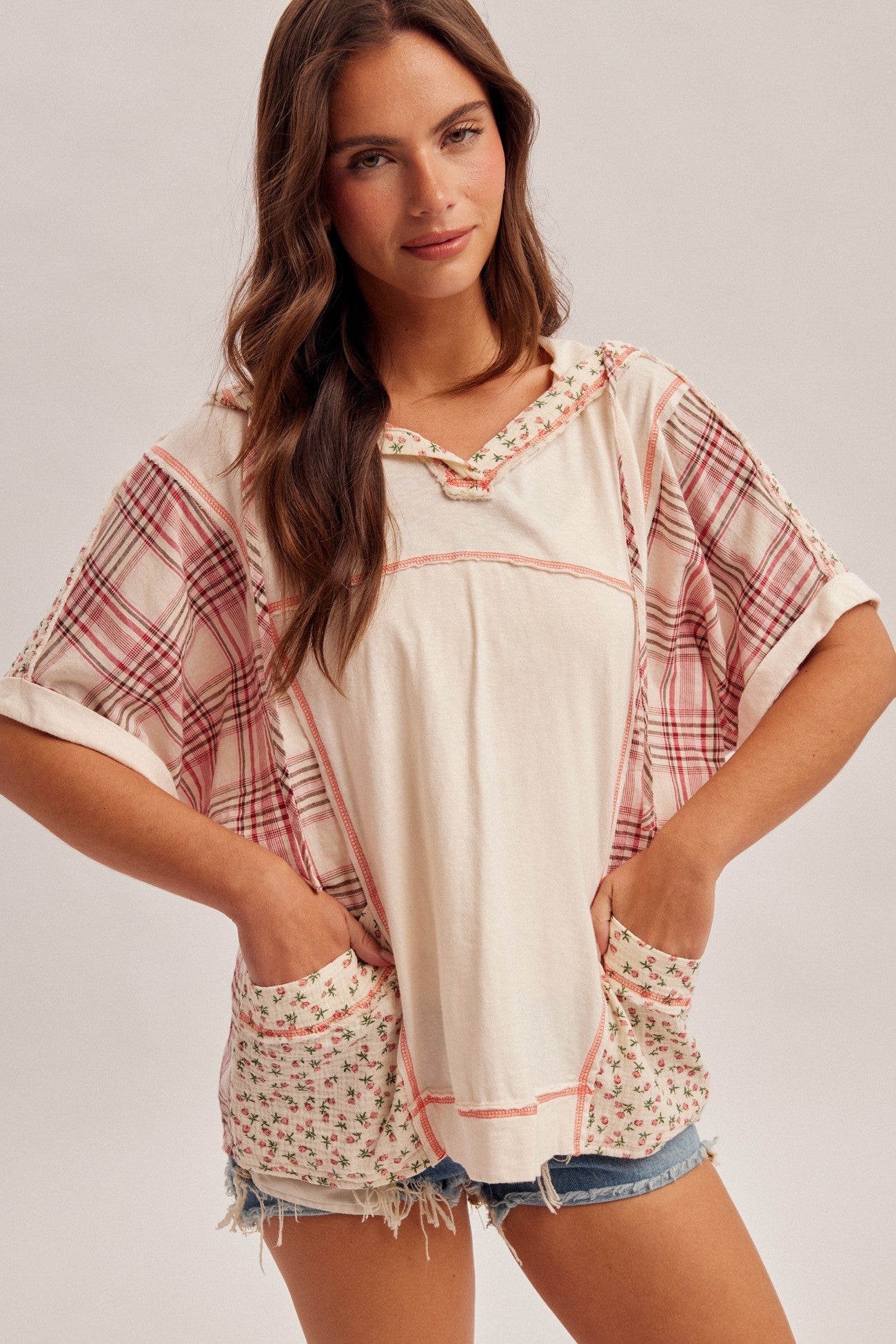 Floral And Plaid Fabric Mix V Neck Hoodie