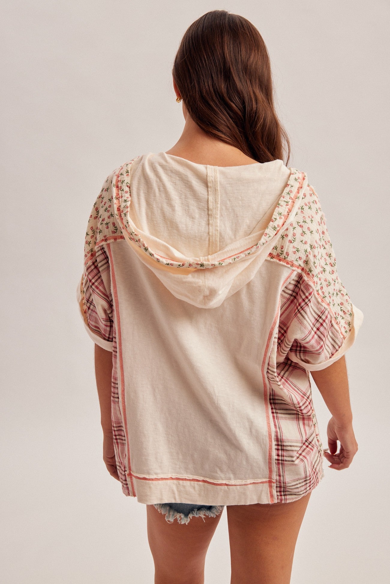 Floral And Plaid Fabric Mix V Neck Hoodie