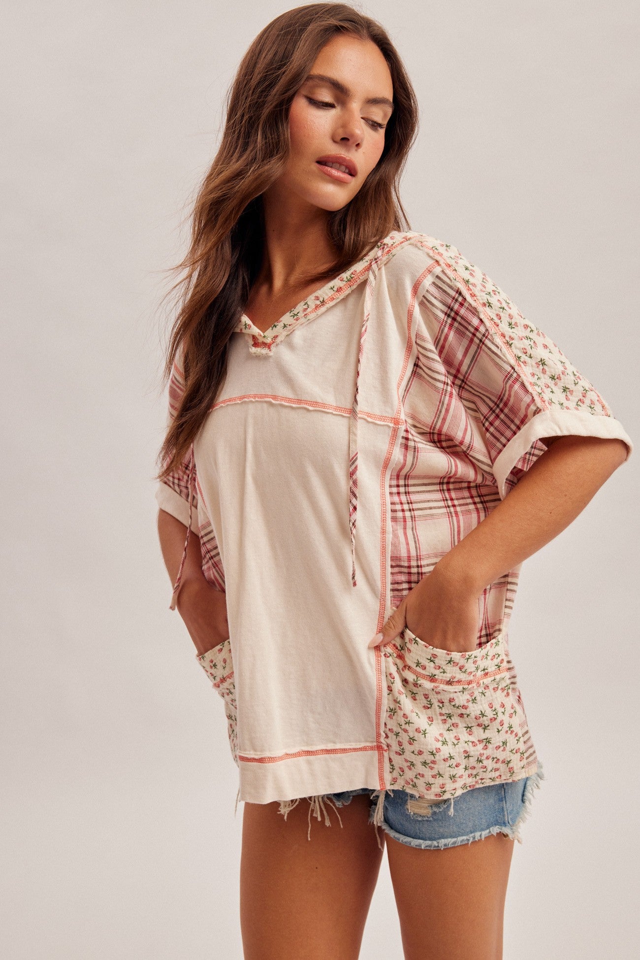 Floral And Plaid Fabric Mix V Neck Hoodie
