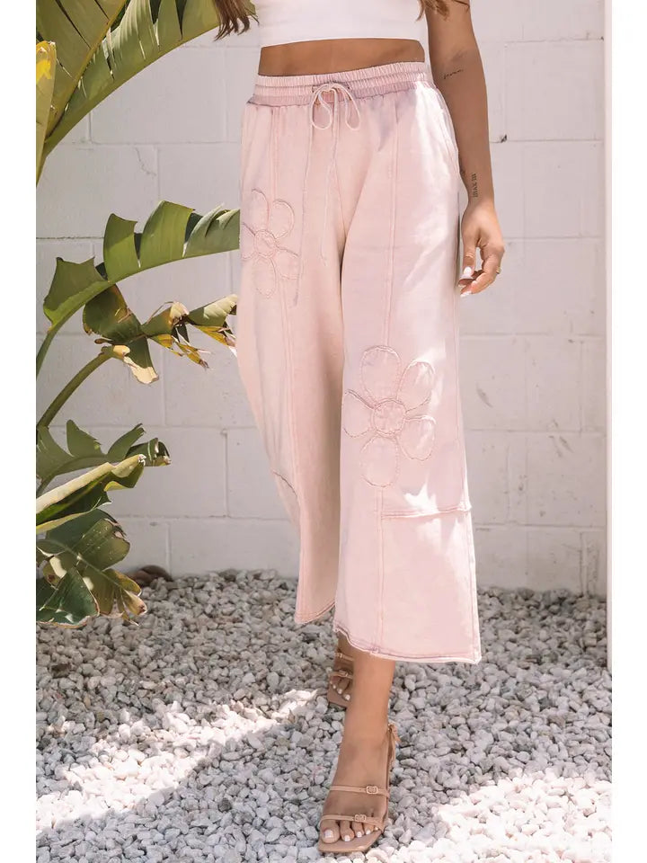 Floral Patch Mineral Wash Terry Knit Pants - 3 Colors Available
