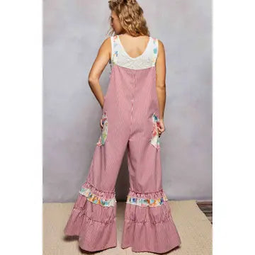Floral Strap Patch Pocket Wide Ruffled Denim Overalls