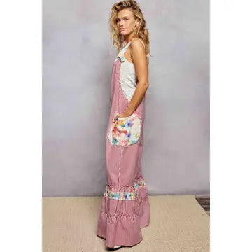 Floral Strap Patch Pocket Wide Ruffled Denim Overalls