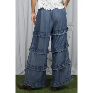 Frayed Ruffle Hem Washed Chambray Crop Denim Pants