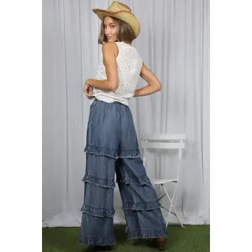 Frayed Ruffle Hem Washed Chambray Crop Denim Pants