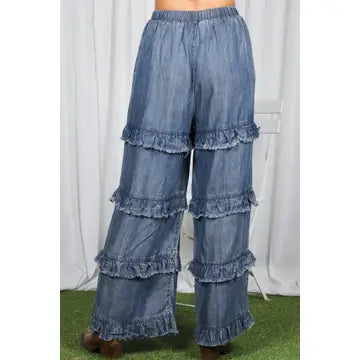 Frayed Ruffle Hem Washed Chambray Crop Denim Pants
