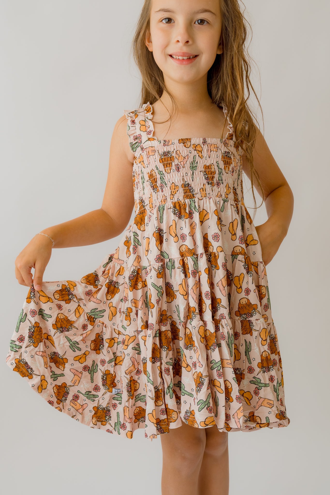 Pink Highland Cow Shirred Dress