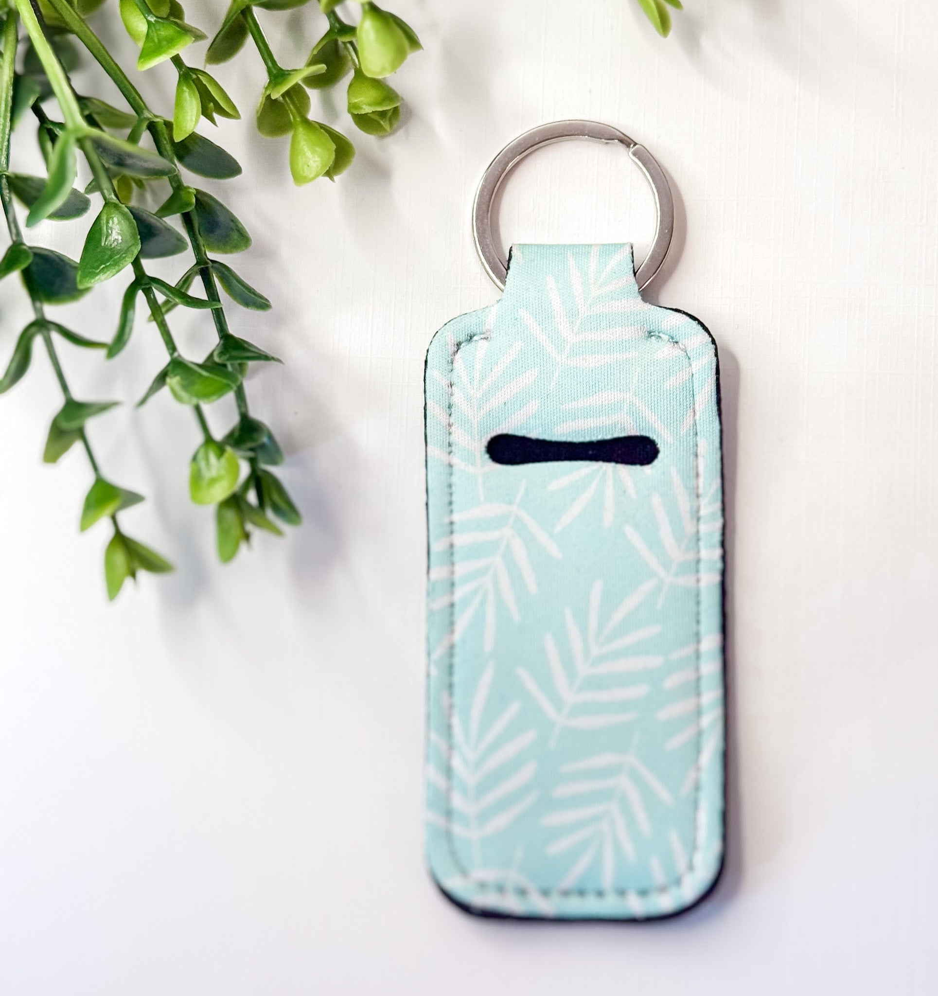 Pastel Blue & White Tropical Chapstick Holder Keychain