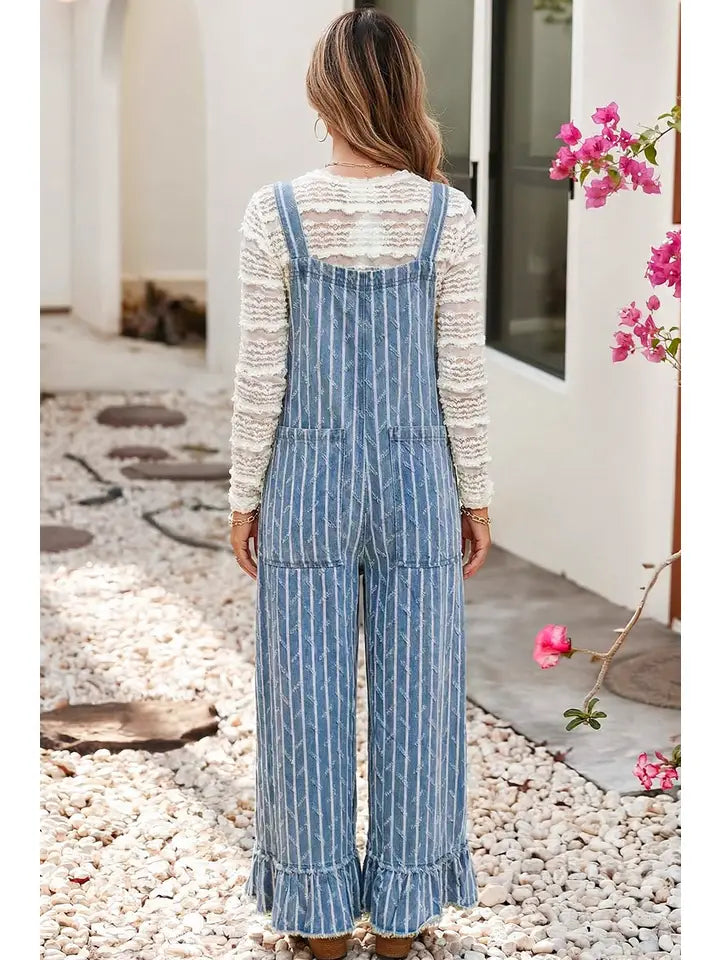 Ldc Striped Distressed Ruffled Wide Leg Denim Overalls