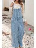 Ldc Striped Distressed Ruffled Wide Leg Denim Overalls