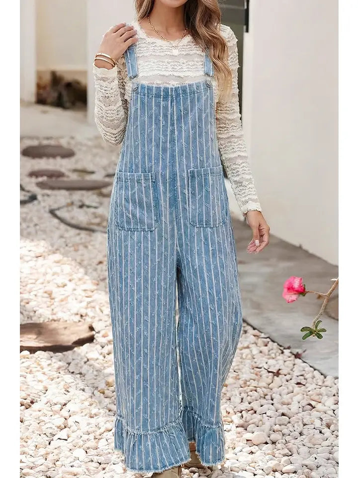 Ldc Striped Distressed Ruffled Wide Leg Denim Overalls