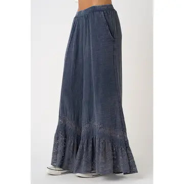 Lace Ruffle Hem Elastic Waist Wide Leg Pants