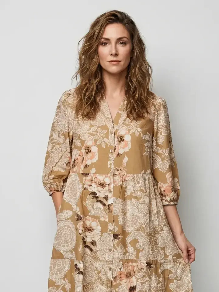 Linique Floral Button Down Peasant Sleeve Midi Dress