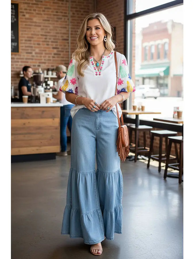 Luxury Floral Embroidery Women's Boutique Top