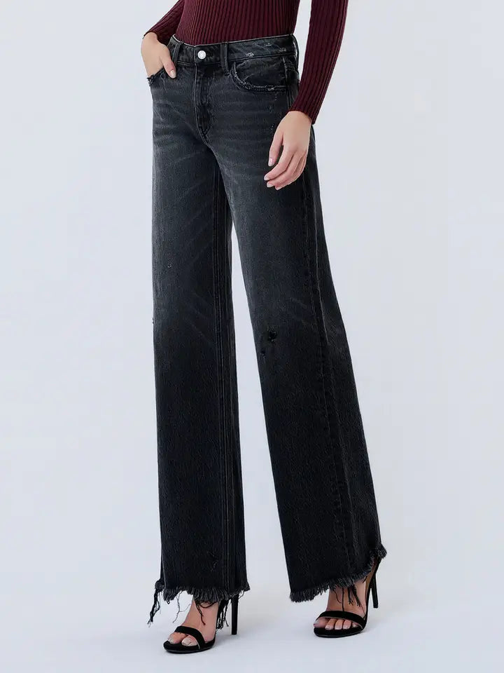 Mid Rise Distressed Hem Black Wide Leg Jeans