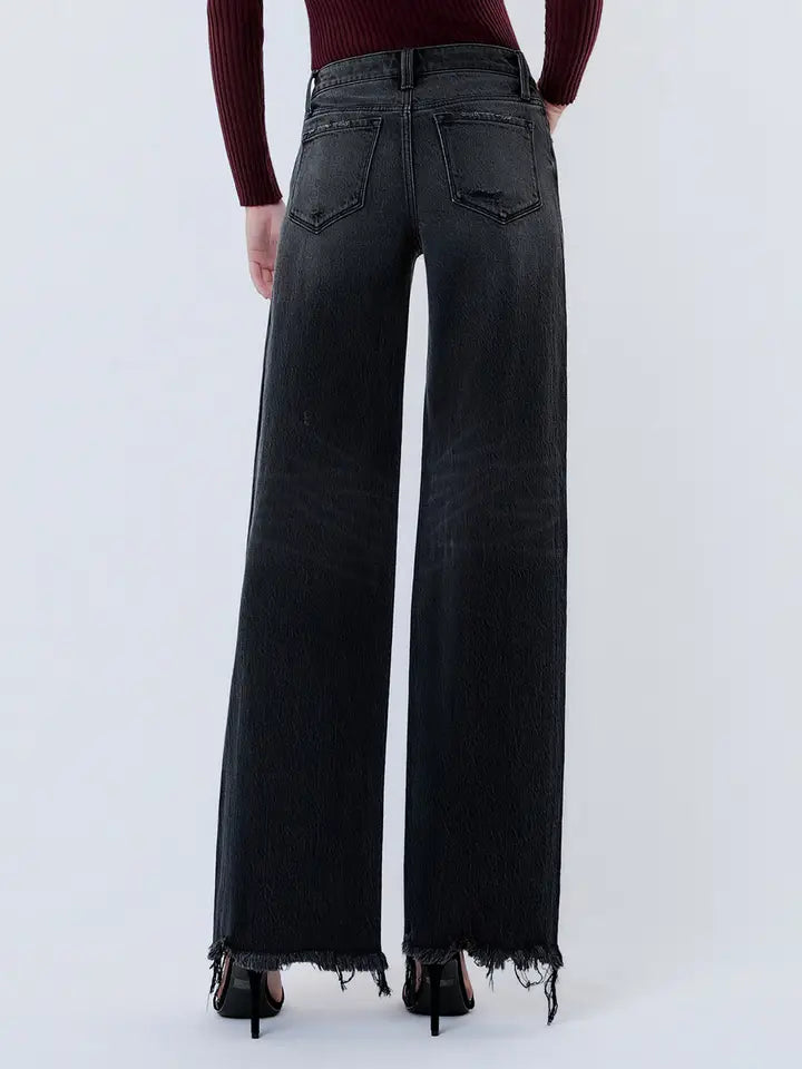 Mid Rise Distressed Hem Black Wide Leg Jeans