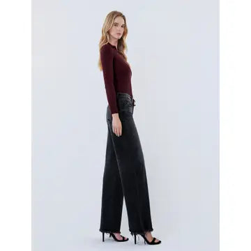 Mid Rise Distressed Hem Black Wide Leg Jeans