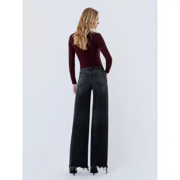 Mid Rise Distressed Hem Black Wide Leg Jeans