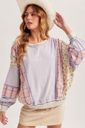 Mineral Washed Fabric Mixed Dolman Sweatshirt Top