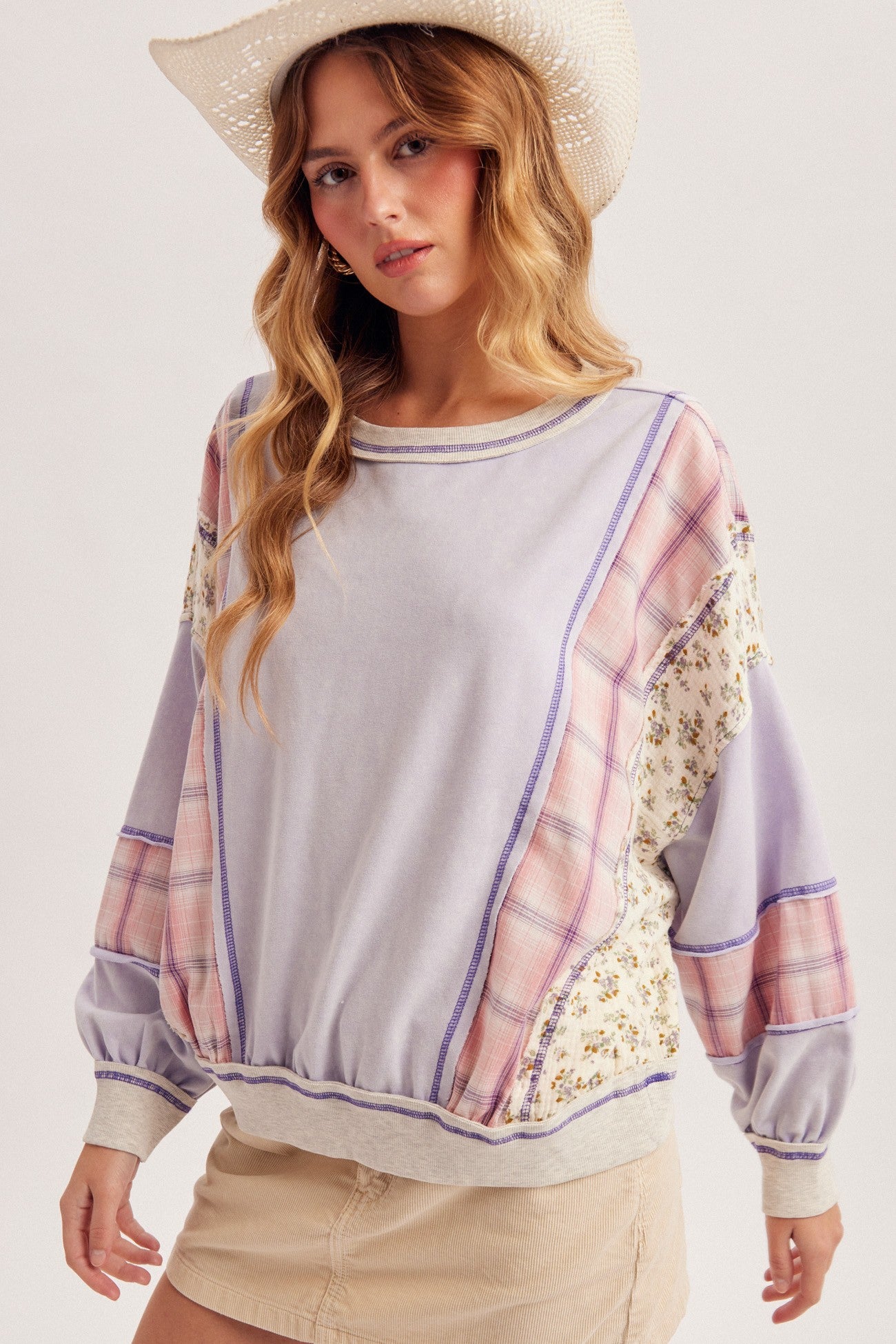 Mineral Washed Fabric Mixed Dolman Sweatshirt Top