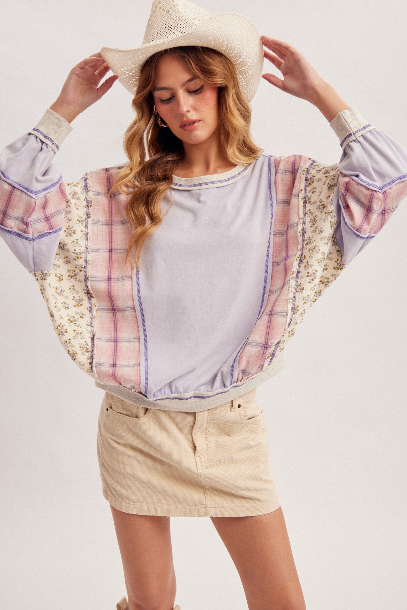 Mineral Washed Fabric Mixed Dolman Sweatshirt Top