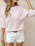 Noelle Textured Knit Top-Pink | Stripe Tee | Split Hem Tee