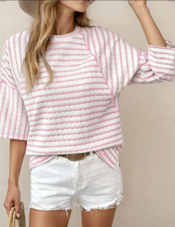 Noelle Textured Knit Top-Pink | Stripe Tee | Split Hem Tee