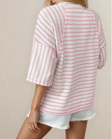 Noelle Textured Knit Top-Pink | Stripe Tee | Split Hem Tee