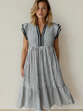Nyla V Neck Dress-Black | Midi Dress | Ruffle Sleeve Dress