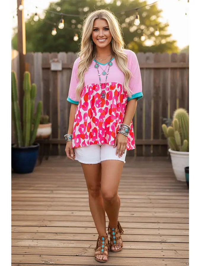 Pink & Circle Printed Color Block Short Sleeve Top