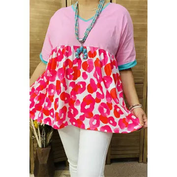 Pink & Circle Printed Color Block Short Sleeve Top