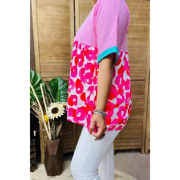 Pink & Circle Printed Color Block Short Sleeve Top