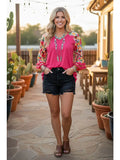 Trendy Floral 3/4 Tassels Raglan Sleeves Women Top
