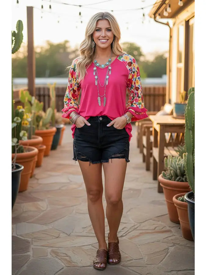 Trendy Floral 3/4 Tassels Raglan Sleeves Women Top