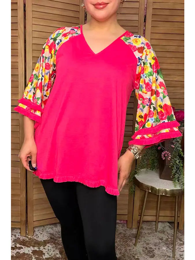 Trendy Floral 3/4 Tassels Raglan Sleeves Women Top