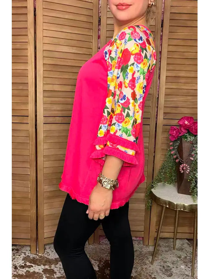 Trendy Floral 3/4 Tassels Raglan Sleeves Women Top