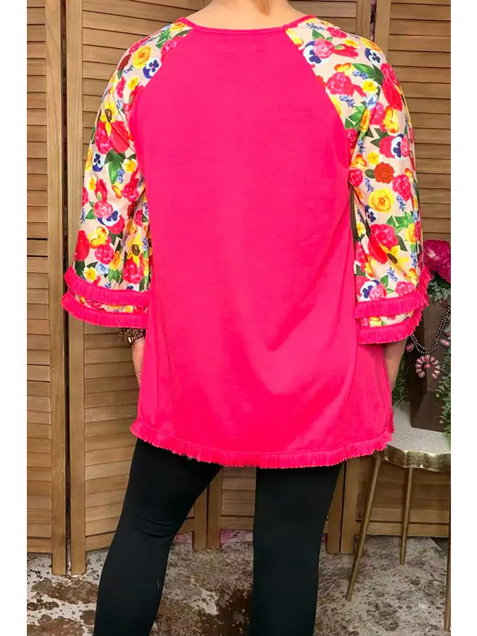 Trendy Floral 3/4 Tassels Raglan Sleeves Women Top