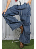 Frayed Ruffle Hem Washed Chambray Crop Denim Pants