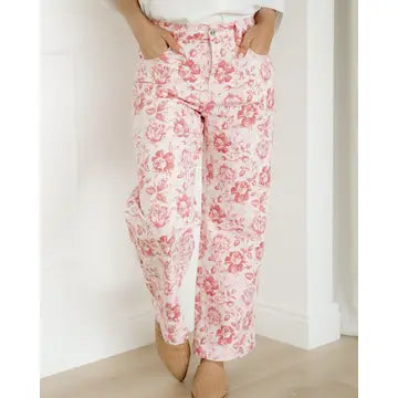Vintage Pink Floral Denim Pants | Jeans | Wide-Leg Pants