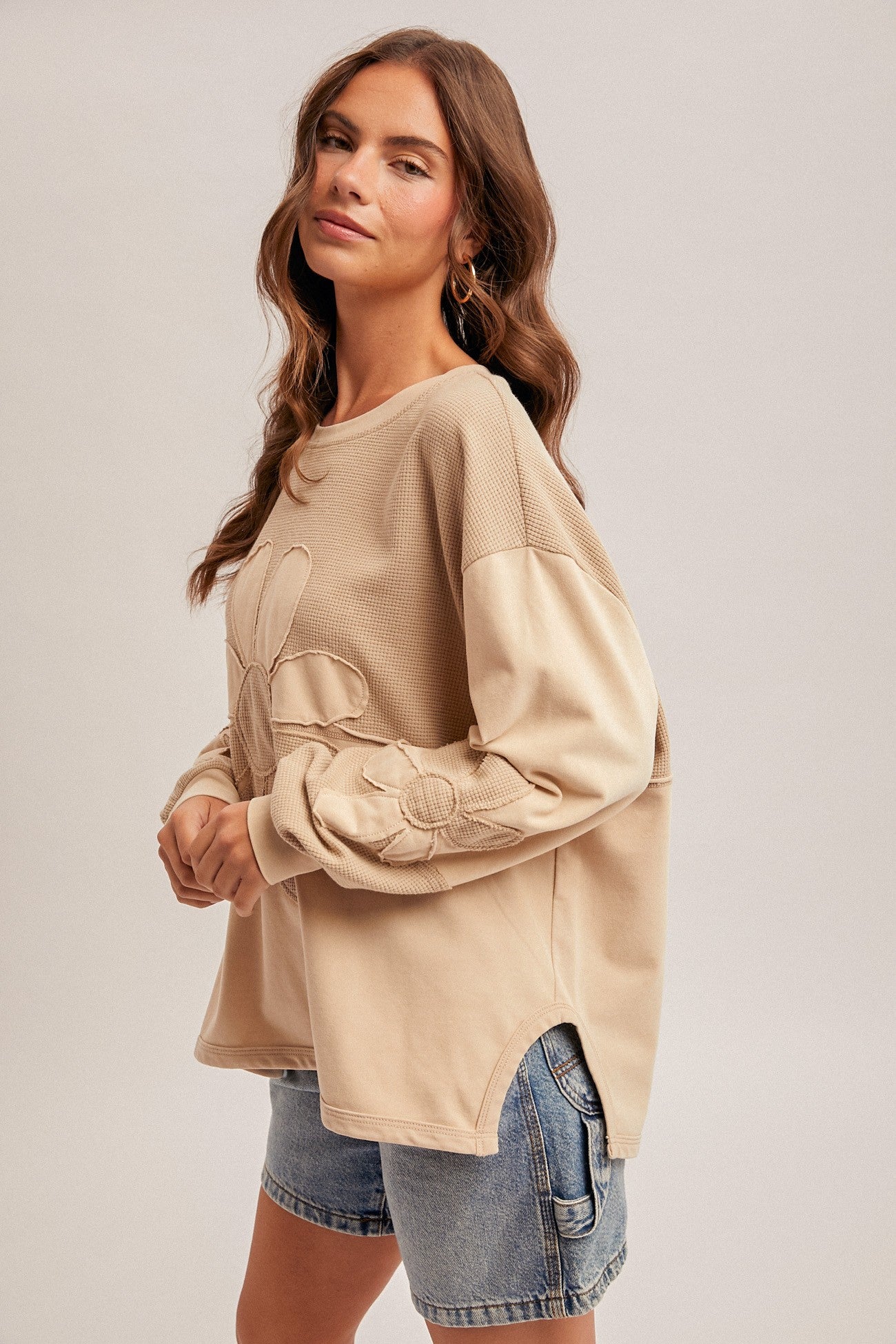 Washed Two Tone Daisy Contrast Color Block Oversized Top