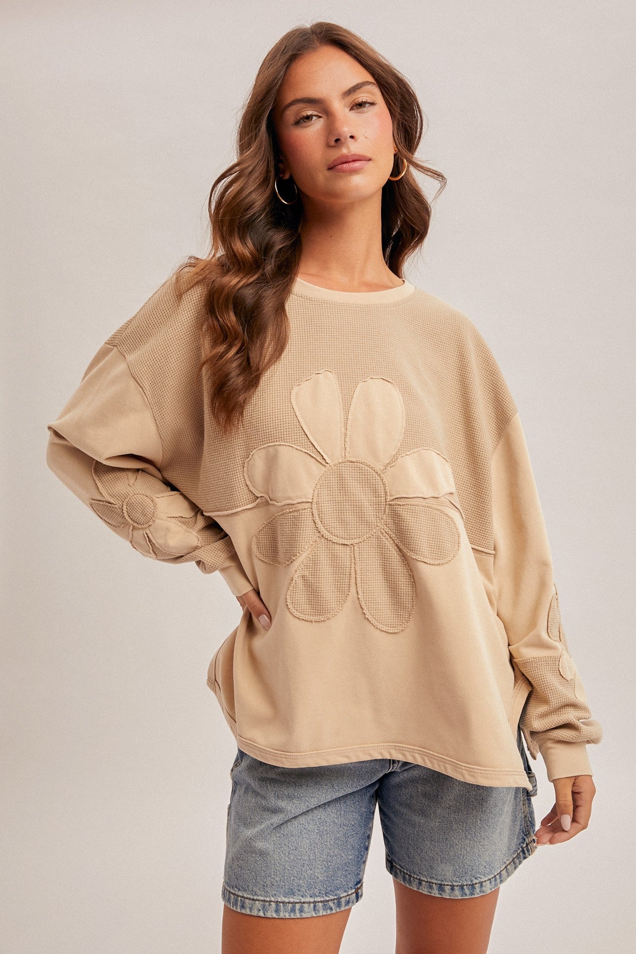 Washed Two Tone Daisy Contrast Color Block Oversized Top