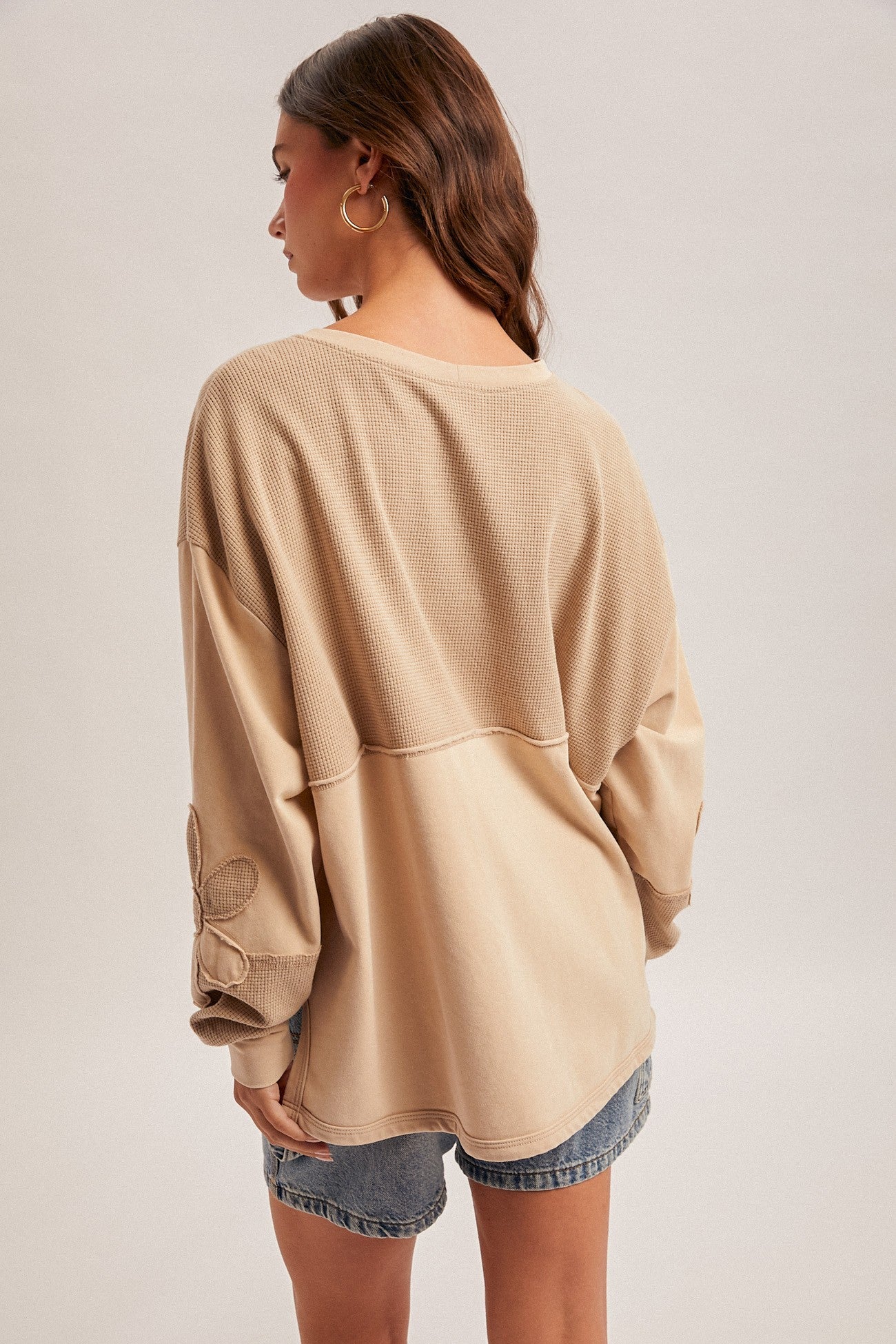 Washed Two Tone Daisy Contrast Color Block Oversized Top